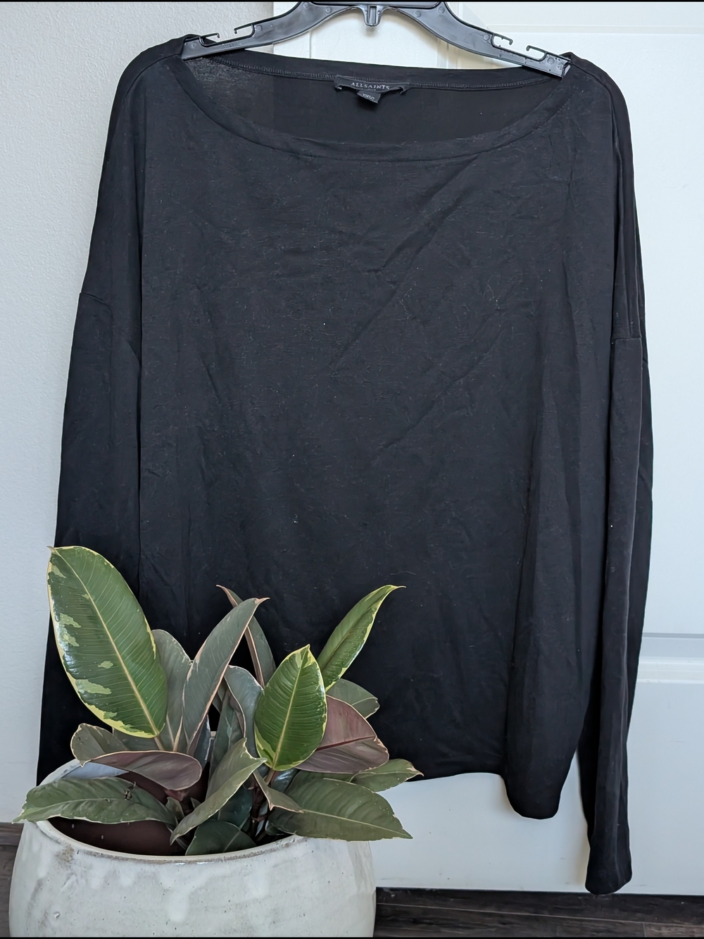 All Saints Black Long Sleeve Boatneck Off The Shoulder Top
